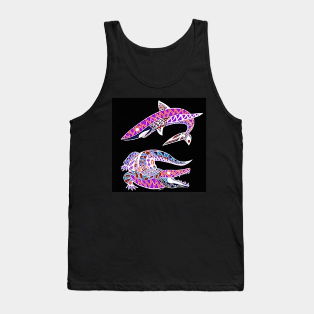 the shark and the gator in crazy pattern Tank Top by jorge_lebeau